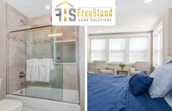 Bathroom and bedroom area of a home rental in Chicago.